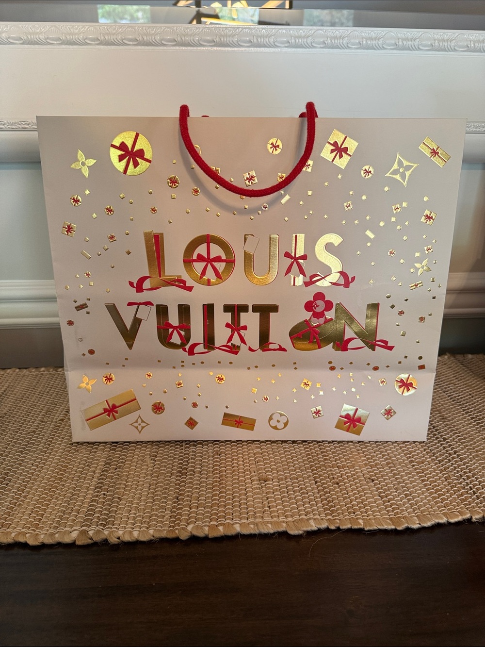 Louis Vuitton Cream Gift Bag with Gold Foil and Red Accents13x16